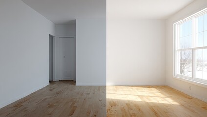 Obraz premium Empty room renovation before & after; sunlight, winter view