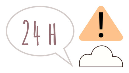 Speech bubble displaying 24H, alert symbol with exclamation mark, and outline of a cloud. Ideal for customer support, alert systems, time sensitivity, communication, weather, urgency simple flat