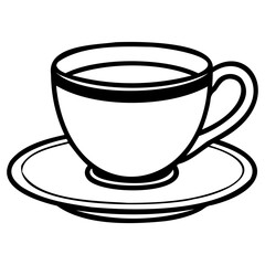A simple black and white line drawing of a coffee cup and saucer, perfect for illustrating beverages or cafe themes