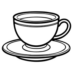 A simple black and white line drawing of a coffee cup and saucer, perfect for illustrating beverages or breakfast