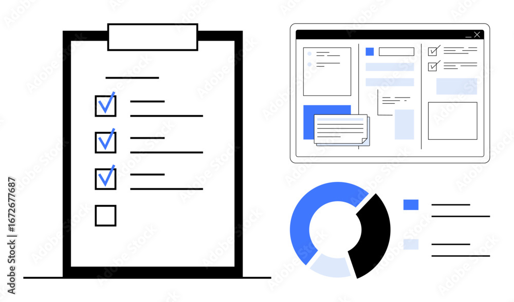 Poster task checklist with completed items, dashboard showing interface elements, and pie chart for data vi