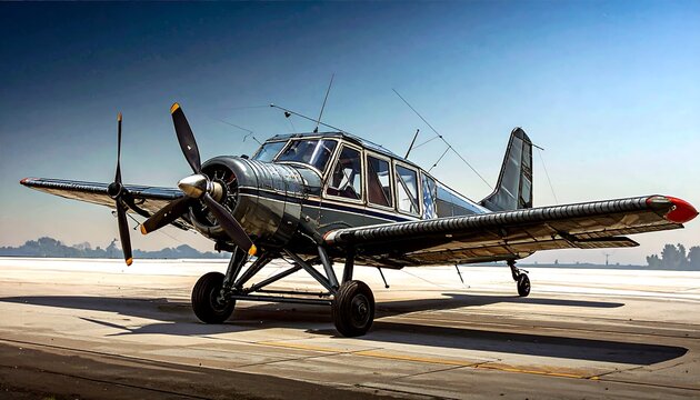 A vintage, single-engine, light aircraft rests on a paved runway under a vibrant sky.