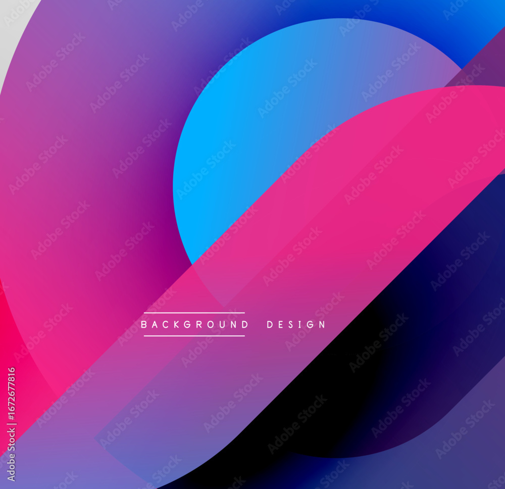 Poster abstract gradients blend vibrant pinks, blues, purples. overlapping shapes create dynamic visual eff