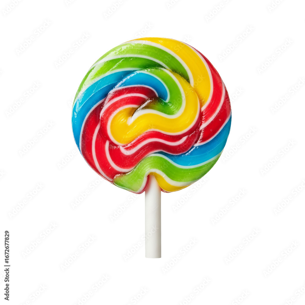 Poster colorful lollipop displays a vibrant swirl pattern and is mounted on a simple stick.