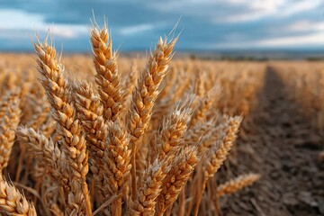 Fototapeta premium Close up of golden wheat ears in a field under a cloudy sky. Agriculture and farming concept for harvest and rural landscape.Autumn Farm,Farming Lifestyle, Organic Farming, Crop Picking, Food Supply, 