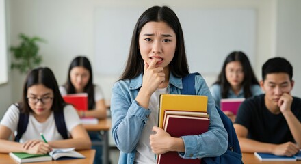 Anxious young Asian female student feeling stressed in a classroom. Worried teenage girl concerned about school exams, pressure, and academic failure.