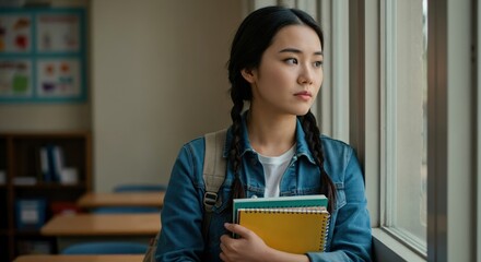 Portrait of a pensive young Asian female student looking thoughtfully out of a classroom window. Concept of loneliness, anxiety, and mental health in education.
