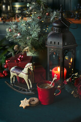 Christmas decor background with hot drink