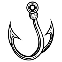A stylized black and white illustration of a fishing hook with sharp points and a loop at the top