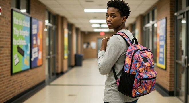 Portrait of a Black teenage boy student with a colorful backpack looking back in a school hallway. Young African American male in a corridor.