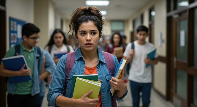 Anxious teenage girl student walking through a crowded school hallway. Young woman feeling stressed and worried about bullying or exams at high school or college. - Powered by Adobe