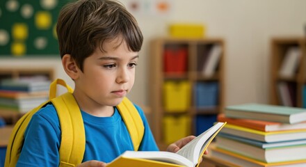 Young schoolboy with a backpack reading a book in the classroom. Focused elementary student learning and studying at school.