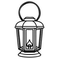 Vintage lantern with a flame inside, drawn in a simple black and white line art style, evoking a classic and rustic feel