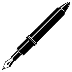 A classic black fountain pen with a silver nib, depicted in a simple, elegant silhouette against a