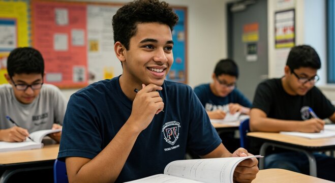 Happy teenage male student smiling while studying in a high school classroom. Portrait of a bright young man engaged in learning with diverse classmates.