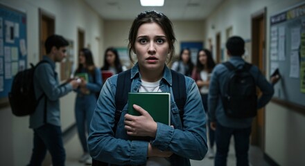 Anxious teenage girl with a look of fear and shock in a crowded school hallway. Cinematic portrait of a bullied student.