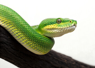 Obraz premium A green snake coiled on a branch against a white background in a close up studio photograph