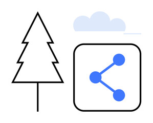 Minimalist illustration of a tree, cloud, and connection icon. Ideal for environment, sustainability, technology, networking, innovation, eco-friendliness digital connectivity simple landing page