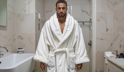 Bearded man with a calm mood posing in a white bathrobe against a modern marble bathroom background.