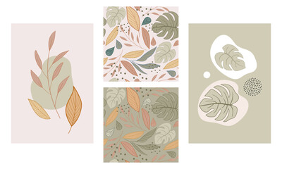 Vector seamless pattern and posters with abstract leaves and dots
