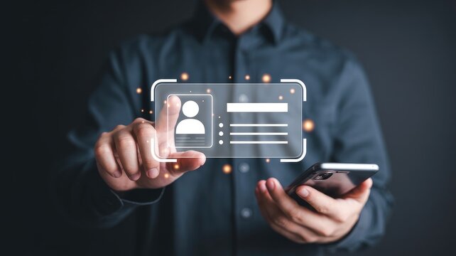 Professional using innovative digital profile interface on mobile device for modern networking and identity - Powered by Adobe
