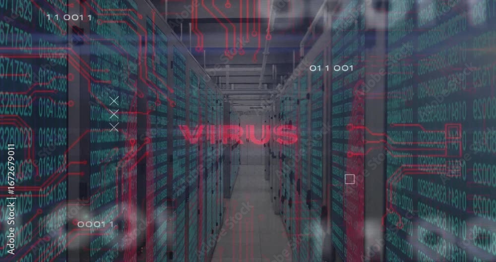 Poster on start corridor showing binary stream, circuits fading, virus flickering and signaling infection