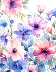 Delicate floral design with soft pinks, purples, and blues, showcasing a watercolor-style arrangement of blooming flowers and leaves against a white background.