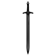 A sleek, black sword with a sharp blade and ornate hilt, presented in a clean, isolated graphic