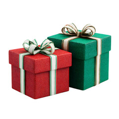 Obraz premium Two gift boxes, one red and one green, adorned with ribbon and bows, on a seamless black background.