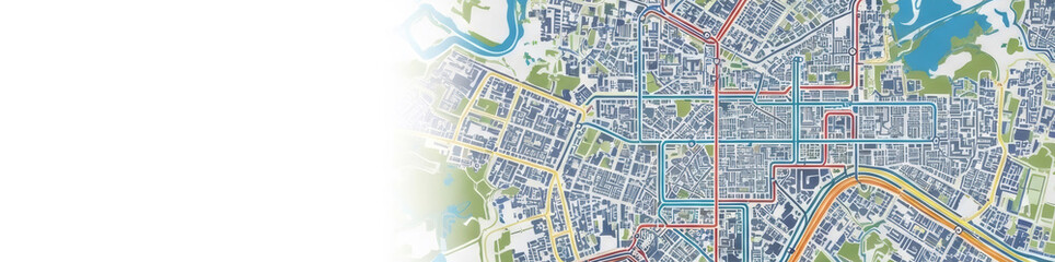 Top down view of a city map with urban infrastructure and water systems. Concept for wastewater treatment.