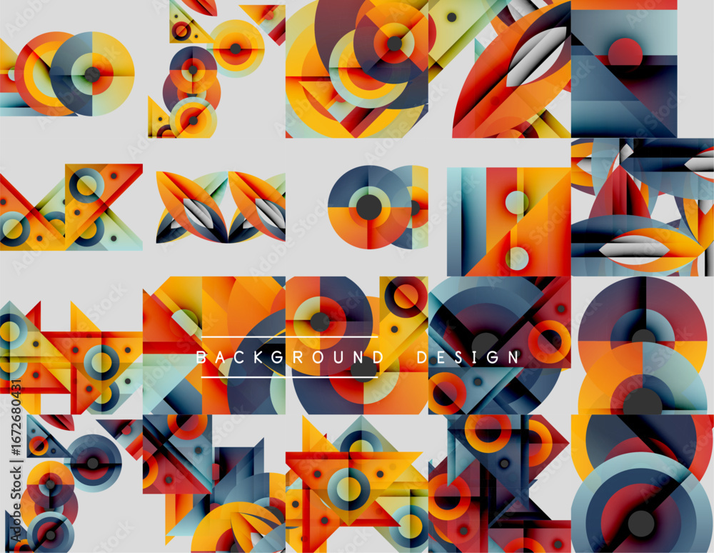 Poster abstract geometric patterns, vibrant colors, modern design elements. composition features circles, s