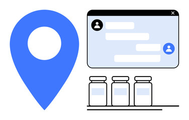 Blue location pin, chat window with messages, and medicine bottles. Ideal for health apps, telemedicine, navigation, delivery, communication, logistics pharmacy simple landing page