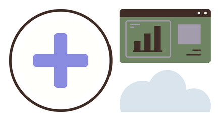 Obraz premium Plus sign in circle, green analytics dashboard with a bar graph, and a cloud. Ideal for healthcare, productivity, business growth, integration, cloud solutions, data analysis and software concepts
