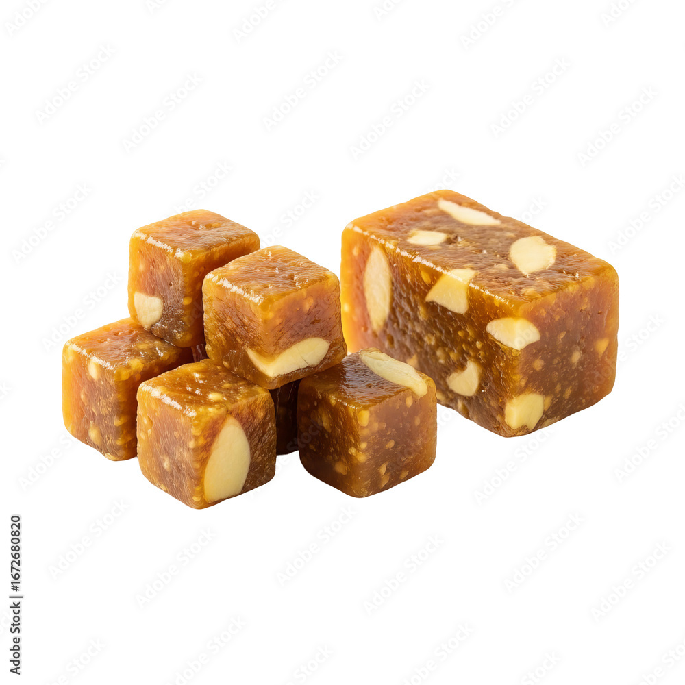 Poster delicious almond fudge cubes are stacked against a isolated background with shiny surfaces and embed