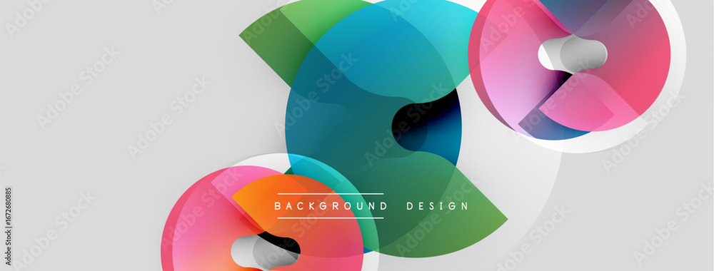 Poster Abstract colorful shapes overlap, creating dynamic composition. Smooth gradients, modern design elements present. Background is light gray.