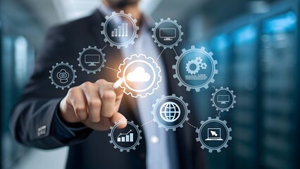 Businessman Touching Cloud Computing Technology Icons – Digital Transformation Concept