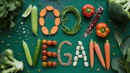 Organic Plant-Based Food Arrangement with 100% Vegan Word Designed Using Beans and Seeds, Green Background