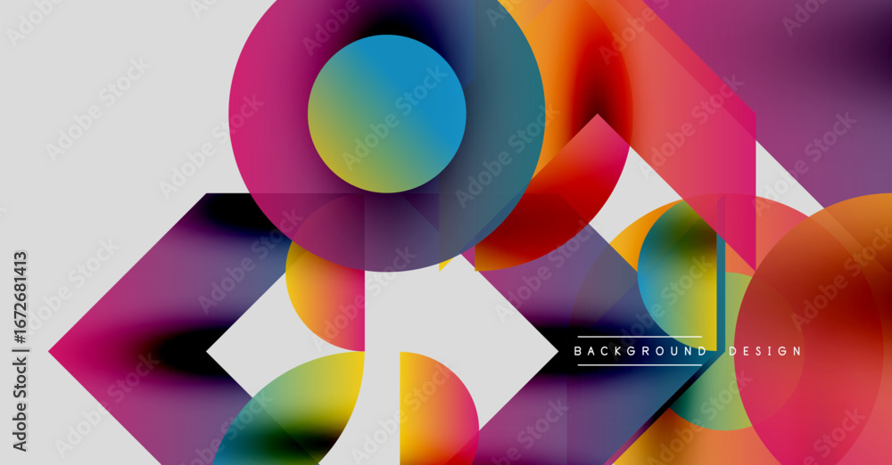 Poster abstract colorful shapes overlap, creating dynamic visual effect. bright gradients, circles, triangl