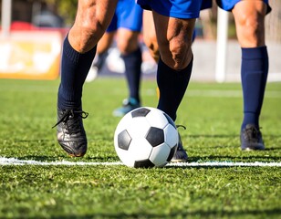 Fototapeta premium Players' feet and legs in action with a soccer ball on a field. The focus is on the lower portions of the athletes and the ball.