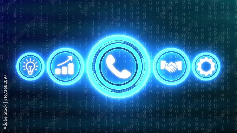 Poster blue neon icons of idea growth phone handshake and gear on binary code background abstract business