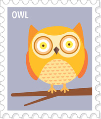 Owl, Cute Animal Stamp Vector Illustration, Print