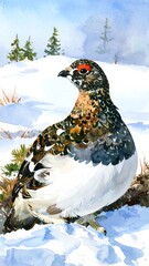 Detailed watercolor illustration of a snow bunting perched in a snowy landscape, showcasing intricate feather details and a serene winter scene.