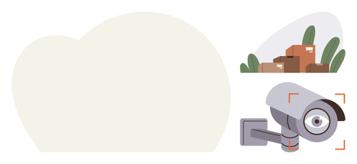 Surveillance camera focusing on stacked boxes near plants, ensuring safety. Ideal for security, monitoring, storage, technology, safety, logistics efficiency. Minimalistic flat design simple flat