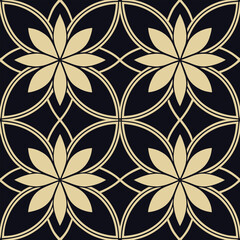 Fototapeta premium Luxury golden flower artwork with seamless circles, vintage tile ornament, botanical symmetry, abstract mandala inspiration, ideal for home décor, fabric printing, wallpapers, and high-end fashion pat