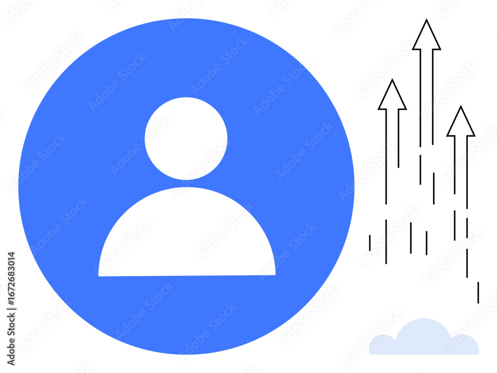 Poster blue circle with a white profile icon next to upward-pointing arrows and a cloud. ideal for user pro