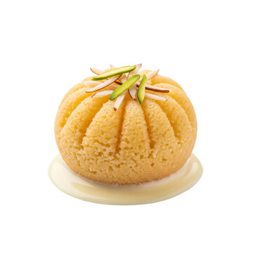 Dome shaped Sandesh cake sits on a dish covered with a sauce, garnished with coconut and pistachios!