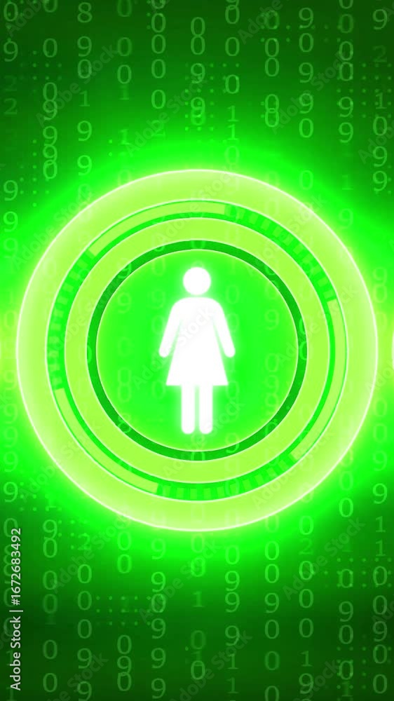 Poster female icon in neon green circle with binary code background technology digital