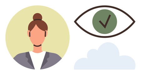 Business professionals portrait paired with an eye-check graphic and a cloud. Ideal for vision, approval, decision-making, digital security, cloud technology, productivity, simple flat metaphor