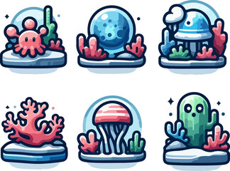 sketch vector illustration image design collection of icons logo symbols character coral reef life water in sea water