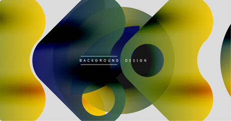 Fototapeta premium Abstract fluid shapes overlap. Yellow, green, blue hues blend creating dynamic visual effect. Modern design element.